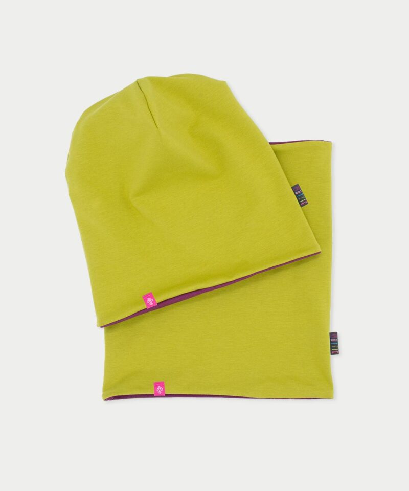 Beanie Mütze & Loop Set - avocado green & malaga pink