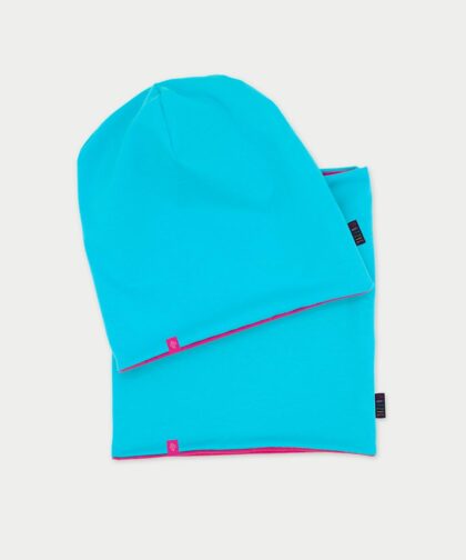 Beanie Mütze & Loop Set - aqua blue & hot pink